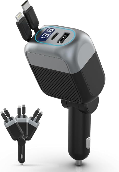 ARITEK 87W Retractable Car Charger, 4-in-1 Fast USB C Charging Car Adapter with 45W Type C Cable