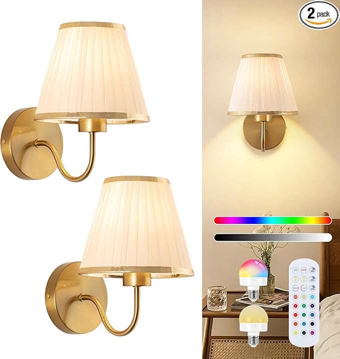 OLIF Battery Operated Wall Sconce Set of 2, Gold Wall Lamps Rechargeable Bulbs for Living Room, Silk Shade Wireless Wall Lights for Bedroom Living Room Hallway Kitchen(2 Bulbs Included)