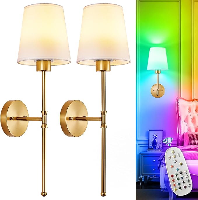 OLIF Battery Operated Wall Sconce: Set of 2 Wireless Wall Lights with 10000mAh Dimmable Bulbs and Remote for Bedroom - Rechargeable 15 Colors Gold Wall Lamp for Living Room Hallway