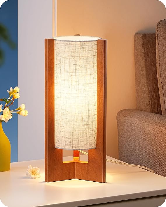 OLIF Table Lamp, Walnut Wood Cylinder Nightstand Lamp for Bedroom