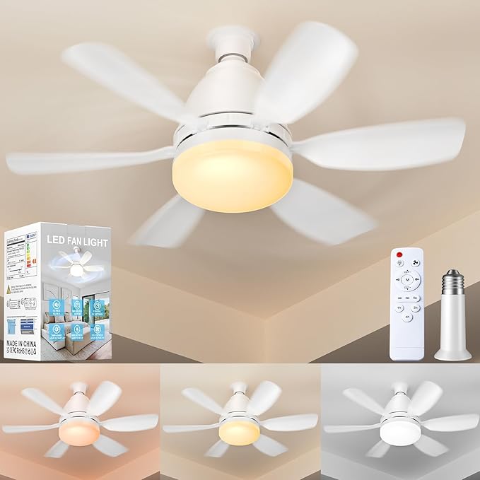 OLIF Socket Fan Light with Remote, 20'' 30W Dimmable LED 3 Colors 3000K-6500K, 6 Speed Wind Small Ceiling Fan with Light, Screw in Light Bulb Fan for Bedroom, Kitchen, Living Room, Closet
