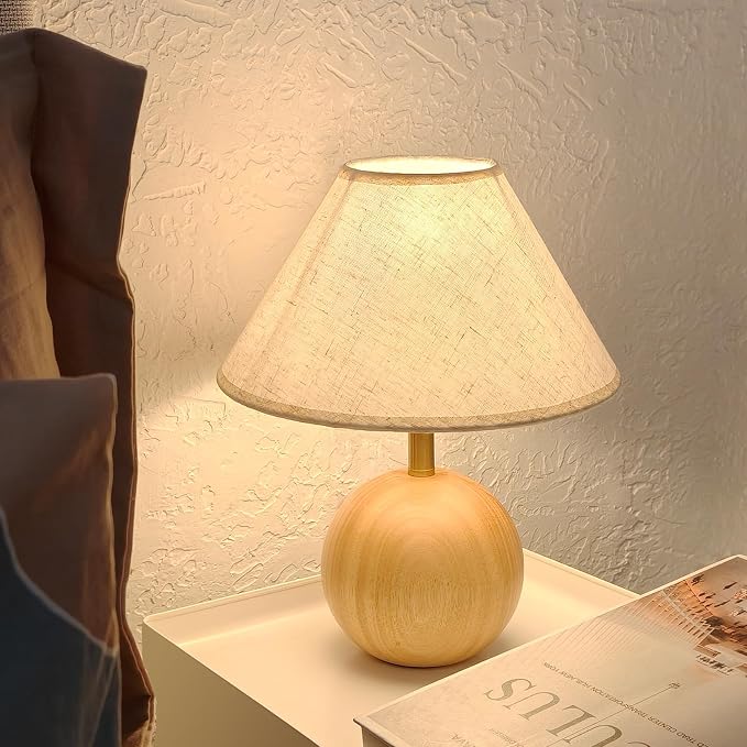 OLIF Wood Table Lamp for Bedroom, Flaxen Fabric Shade Small Desk Lamp for Living Room